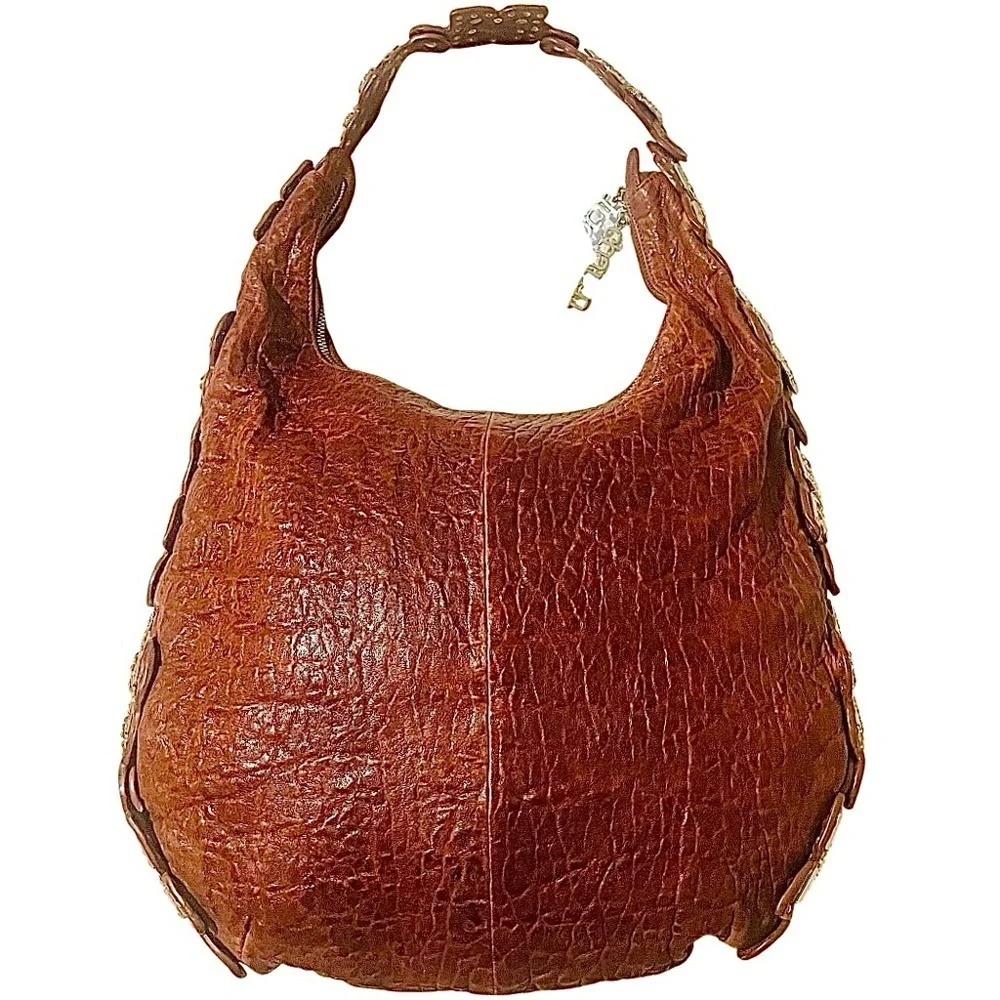 Charm & Luck Brown Textured Leather Embellished Silver & Rhinestone Hobo Bag